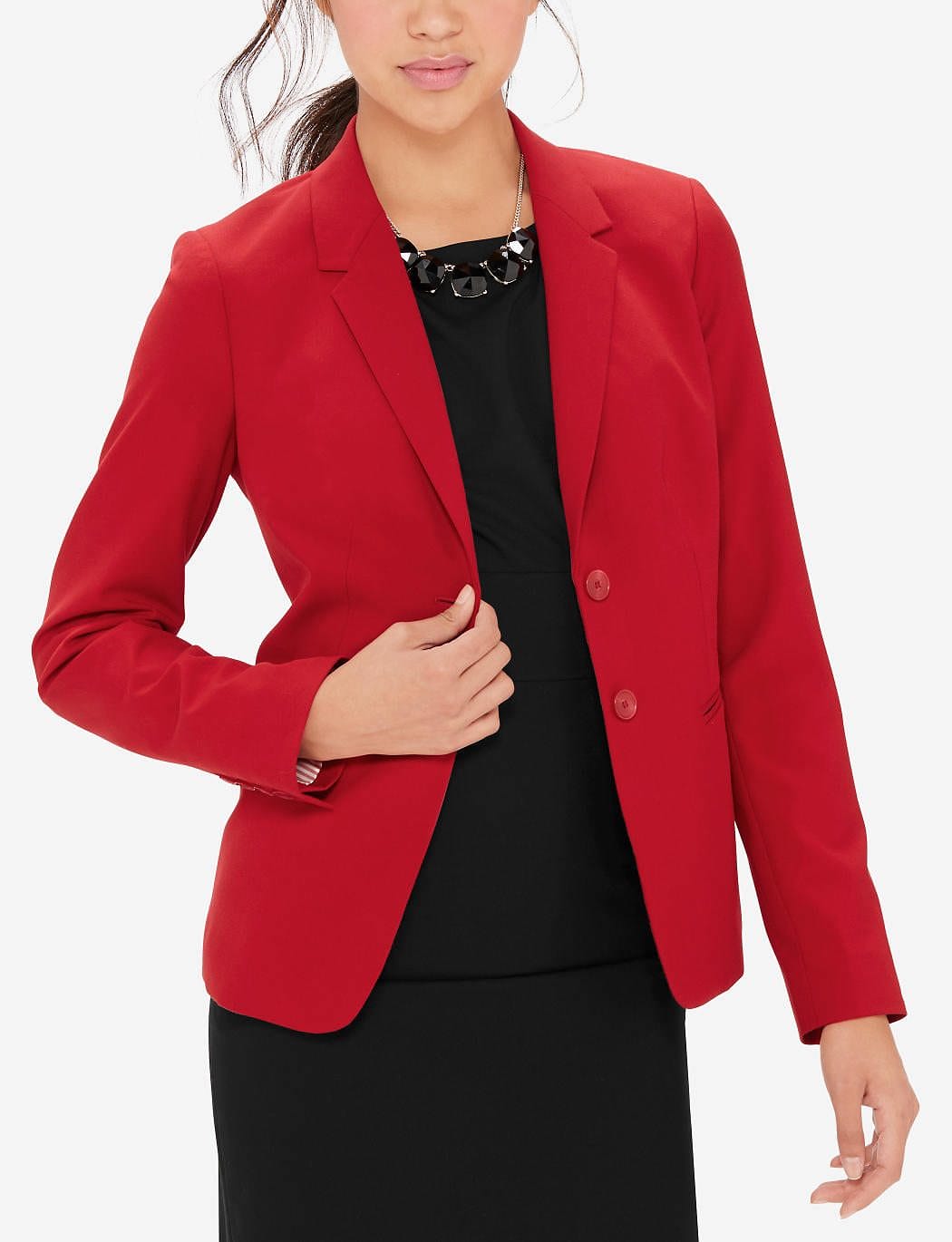 black pants red blazer